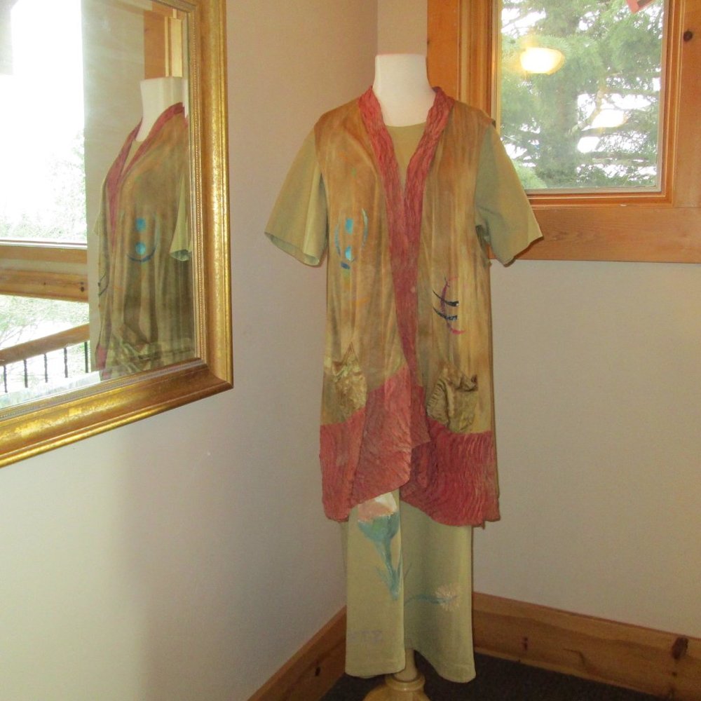 Blue Fish 1999 Straight Dress in Cricket with Long Steel Pony Painted Modal Vest